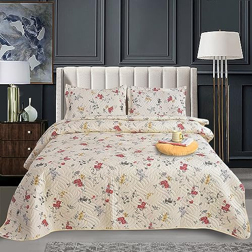 CHARKHAH 3 Piece Reversible Quilted Bedspread Set Lightweight Microfiber Patchwork Floral Quilt with 2 Pillow Shams – 30 Stylish Designs Ideal for Double & King Size Beds 220x240cm (Rose Meadow)