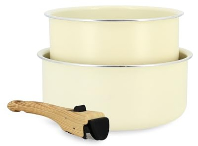 MENASTYL - Lot de 2 Casseroles Amovibles Empilables 16 et 18 cm - Tous Feux Dont Induction - Revêtement Céramique Antiadhésif sans PFAS - Gamme Colorama - Couleur Crème - 98% Aluminium Recyclé
