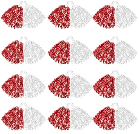 Cheerleader-Pompons mit Griff, 20 g, Cheerleader-Pompons für Party, Dekorateure, Club, Sport, Jubelball für Erwachsene und Kinder, 12–200 Stück (Rot und Weiß, 12 Stück)