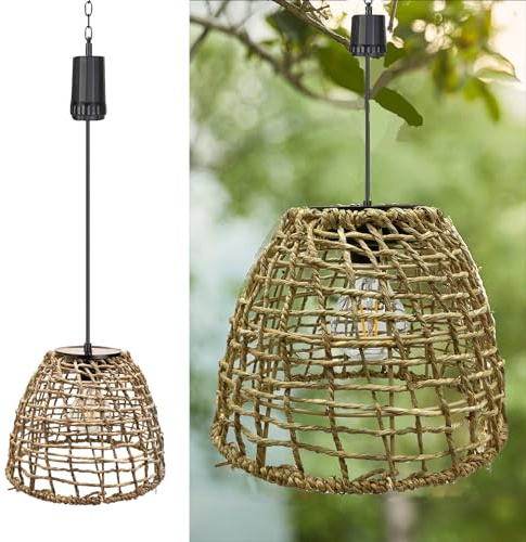 pearlstar Pendant Light,Battery Lights Indoor Outdoor, Rattan Hanging Garden Lanterns Waterproof,Battery Operated Lamps with 6 Hours Timer, Garden Ornaments for Living Room Gazebo and Patio