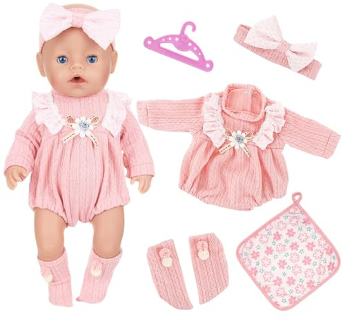 Babypuppenkleidung für 30-43 cm Babypuppen, 5 Stück Puppenkleidung 12-18 Zoll Kleine Rosa Daisies Stricken Kombinationskleidung Kopfschmuck Socken Kleiderständer New Born Baby für Geburtstagsgeschenk