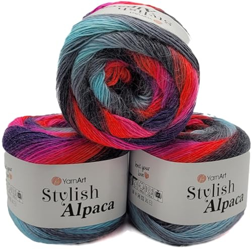 3 x 150g Ilkadim Export Stylish Alpaca Strickwolle, Alpaka und Acryl, 450 Gramm weiches Garn, Strickgarn mehrfarbig, (grau rot pink ua 7711)