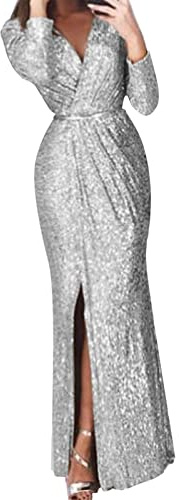 Duohropke Robe de soirée longue pour femmes avec paillettes, costume de carnaval, robe de bal, élégante, robe de fête brillante, sexy avec fente, robe de Nouvel An, robe à col en V profond, robe