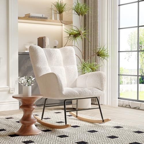 Ptueer Schaukelstuhl Wohnzimmer, Schaukelsessel mit armlehne, Reading Chair, Gepolsterter Stillstuhl Relaxsessel für Wohnzimmer Schlafzimmer Balkon, Teddystoff, Beige weiß