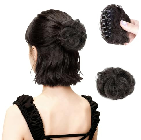 ZHAOCAI Haarteile Echthaar, Haarklammer Mit Haaren, Haarteil Mit Klammer,Haardutt, Dutt Haarteil für Damen(Braun-schwarz)