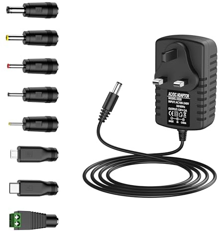 12V 2A DC Power Supply UK Plug AC Adapter with 8 DC Plug Tips, Converter Driver AC 100-240V Supply to DC 12V, AC to DC Converter Adapter Transformer for CCTV Camera, USB 3.0 HUB, LED Lights