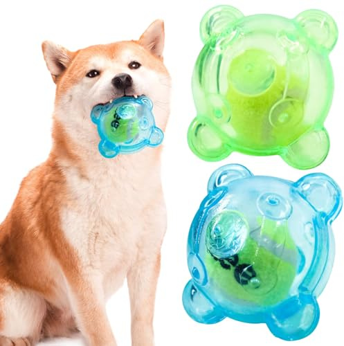 2 juguetes masticables chirriantes para perros, juguetes de botella de plástico con pelota de tenis, juguete interactivo para perros para el cuidado dental para perros grandes y pequeños