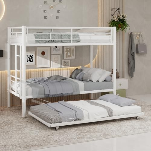 HaoChrymec Litera de Metal para Niños con Alta Resistencia, Convertible en 2 Camas, Cama Juvenil Silenciosa con Barandilla de Seguridad, Dormitorio Infantil y Juvenil, Blanca, 196 x 103 x 156 cm