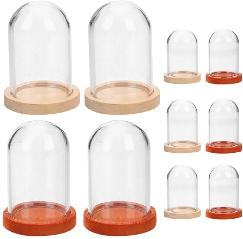 FONDOTIN 10 Pezzi Campana di Vetro Mini con Base in Legno Naturale e Color Caffè, Cupola a Campana Trasparente per Decorazioni Floreali e Esposizione Piante, Vetrina Elegante per Casa
