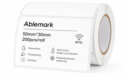 Ablemark RFID-etiketter 50 x 30 mm, 200 stycken per rulle, självhäftande RFID-etiketter, termoetiketter för lagerhantering, inventering, frakt och logistik, kompatibla med M60