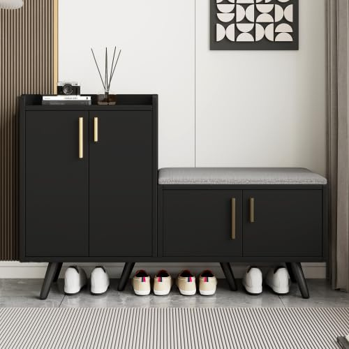 Merax Zapatero moderno con banco de madera de nogal negro – Cuatro puertas de almacenamiento, asas de metal asimétricas, 120 x 34 x 82 cm, almacenamiento versátil para zapatos