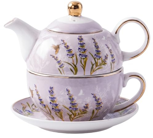 Juego de té para uno, tetera para uno y juego de tazas, elegante tetera floral, juegos de té de porcelana para mujer, madre, Navidad, San Valentín, morado