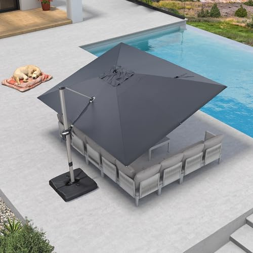 PURPLE LEAF Ombrellone da Giardino 3 x 4 m Rettangolare con Base a Croce, Asta in Alluminio Sospesa Color Champagne, Ombrellone Grande da Giardino, Rotazione a 360°, Protezione UPF 50+, Grigio