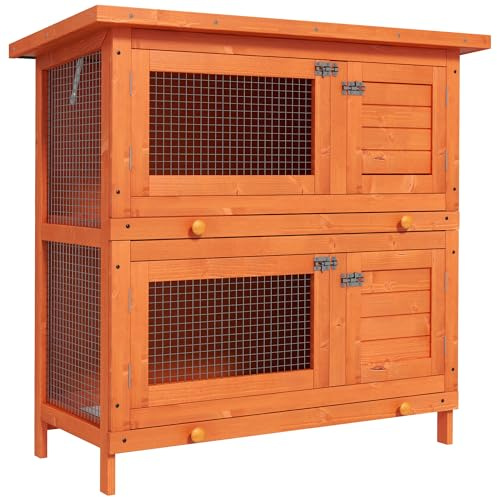 PawHut kaninbur dubbelnivå skjutbara brickor 4 låsbara dörrar, öppningsdörrar, tak 90 l x 45 l x 90 cm
