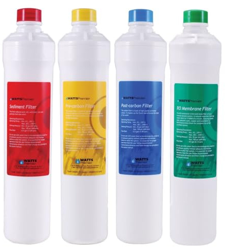 Watts Premier RO 4-Pack Filter Kit for 4 Stage Pure Plus/Zero Plus Reverse Osmosis System, Push Button Water Filter Replacement, Sediment, Carbon Pre- & Post, and Membrane Variants Included