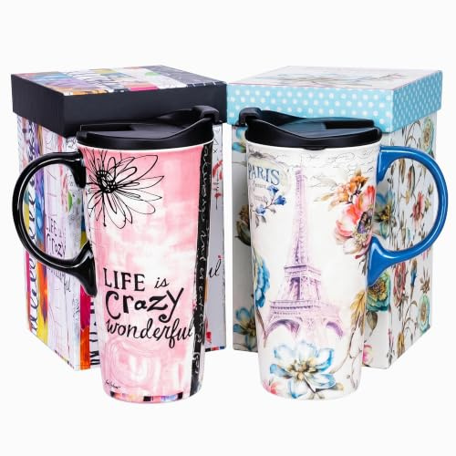 Topadorn Ceramic Travel Mug 17oz 2 Pack with Lid & Gift Box, Tower & Art | Microwave & Dishwasher Safe, Fits Car Cup Holders, Large 500ml Capacity, Natural Coffee Taste, Ideal for Home and Office Use