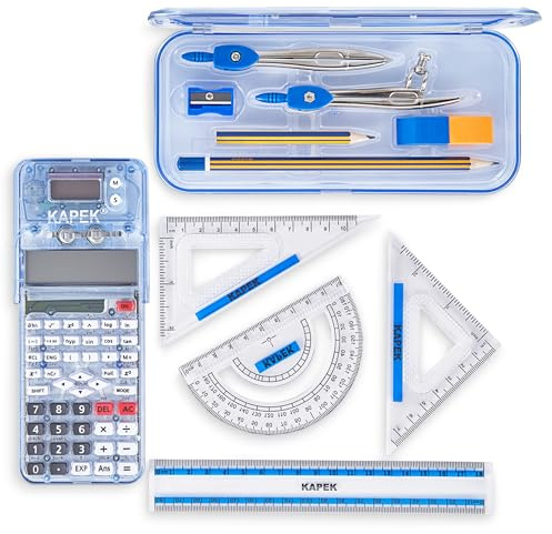 KAPEK Scientific Calculator + Math Set for Schools | 2-Line Display | 10-Piece Geometry Set | Ruler, Compass, Protractor | 240+ Integrated Functions | GCSE Math Bundle | Blue