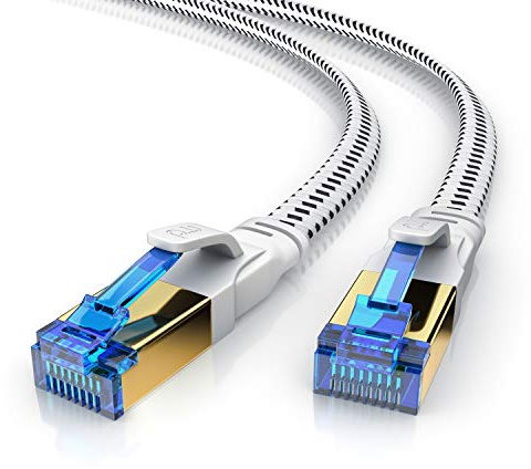 Primewire – 10m Cable de Red Cat 8 Plano - 40 Gbits - Cable Gigabit Ethernet LAN 40000 Mbits con conector RJ 45 - Revestido de Tela - Blindaje U FTP Pimf - Compatible Switch Rúter Modem PC Smart-TV