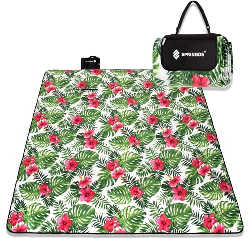 SPRINGOS Picknickdecke Campingdecke mit wasserfester Unterseite Faltbare Große Strandecke Reißverschlusstasche und Tragegriff 300 x 200 cm Hibiskus Blumen