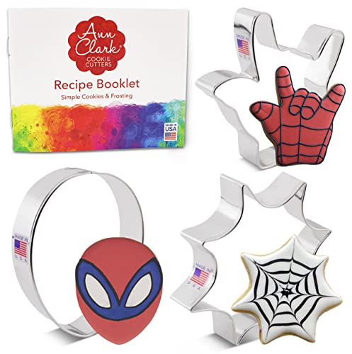 Ann Clark Cookie Cutters - Juego de 3 superhéroes (libro de recetas), máscara de panel de mano de telaraña