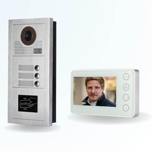 BT Security Portier interphone vidéo Modern 2 Fils - 3 Appartements - 3 écrans Blancs - avec Lecteur de Badge