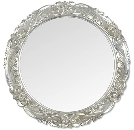 MO.WA Wandspiegel Spiegel oval klassisch Ø 66 m Blattsilber Dekospiegel Rund Silber Barock Runder Holzspiegel Badezimmerspiegel Schlafzimmerspiegel Flurspiegel