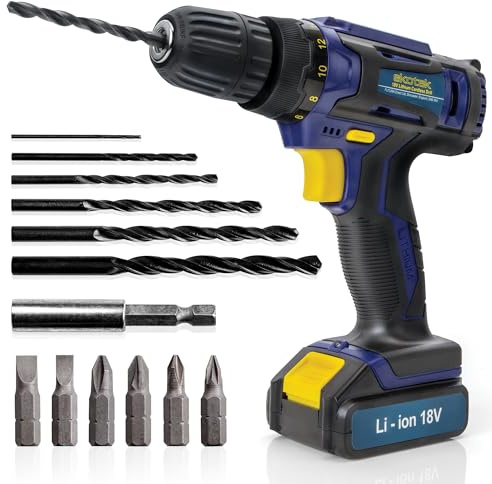 Skotek Cordless Drill Driver 18V Lithium-Ion, 13Pc Electric Screwdriver Set, LED Work Light, Electric Drill Quick Change Power Drill Battery and Charger Included