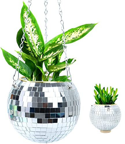 ZPYXBH 6 Inch Disco Ball Hanging Planter with Metal Chain Mirror Plant Hanger Silver Flower Pots Planters for Indoor Outdoor Plants Hanging Planter Basket Boho Home Decor Room Patio Office Desk Décor