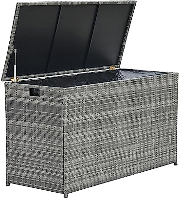 Teamson Home 154 Gallon Lined Weather Resistant Outdoor Rattan Wicker Patio Deck Storage Box with Soft Close Hinges for Patio Furniture Cushions or Pool Accessories, Gray
