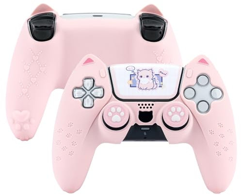 GeekShare Pink Cat Paw PS5 Controllers Skin Grips Set Anti-Slip Silicone Skin Protective Cover Case Joystick Caps for PS5 Wireless Controller Accessories Kit