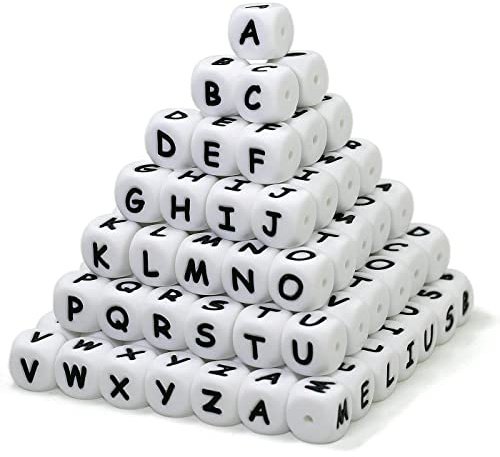 Melius 110 Stück Silikon-Buchstabenperlen 12 mm A-Z (extra für Vokalbuchstaben) gleichmäßige und präzise quadratische Buchstaben-Perlen