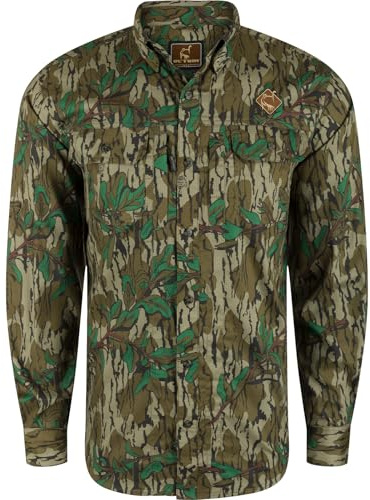 Drake Waterfowl Men's Ol' Tom Wingshooter Trey Camo Casual Moisture-Wicking Lightweight Breathable Long Sleeve Buttoned Shirt, Greenleaf, Large