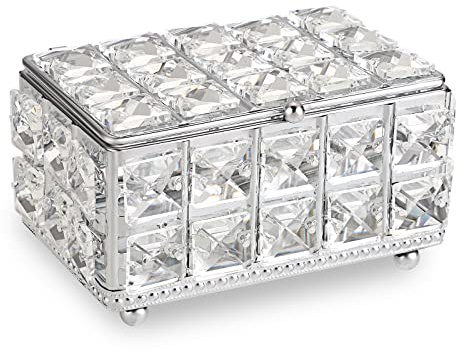 SUMNACON Kristall-Schmuckkästchen, Schmuck-Organizer, rechteckig, silberfarben, Schmuck-Aufbewahrungsbox mit Deckel, dekorativer Schmuckkästchen für Ohrringe, Ringe, Halsketten
