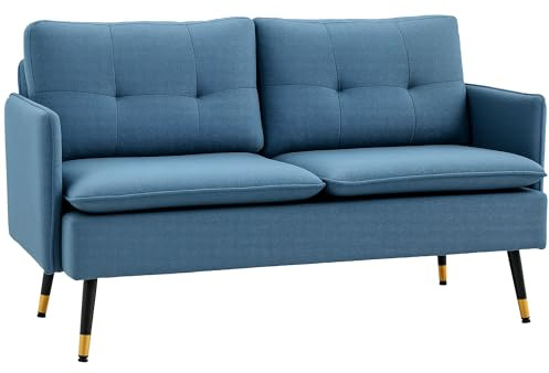 HOMCOM Divano 2 Posti in Tessuto Effetto Lino con Braccioli e Cuscini Imbottiti, Divanetto 2 Posti Moderno con Gambe in Acciaio, per Ufficio, Soggiorno, Salotto e Camera da Letto, 139x68x80 cm, Blu