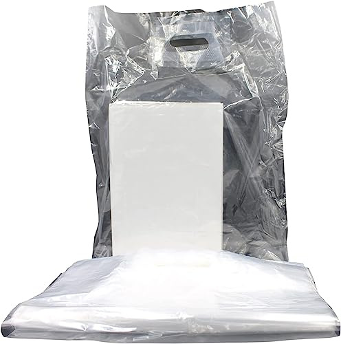 Reusable CLEAR Plastic Carrier Bags with Patch Handle - 38cm x 46cm +7cm / 15 x 18 x 3 - Ideal for Shopping, Fashion, Boutique, Party, Conferences, and Trade Shows (10)