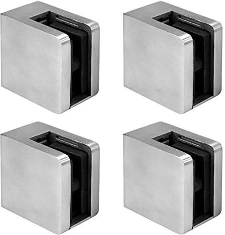 PRIOstahl Glashalter 4 Stück Glasklemmen Klemmhalter Glasplattenhalter mit Sicherungsplatte + Sicherungsstift 45 x 45 x 28 mm Anschluss: Flach für Glas 8,76 mm aus Edelstahl V2A