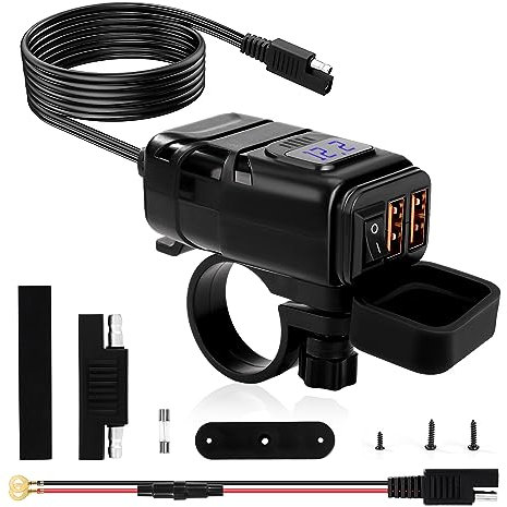 TINGJS Caricabatterie USB per Moto Dual USB Presa Usb Moto Cellulare Impermeabile Ricarica Rapida QC 3.0 con Interruttore e Voltmetro per DC12V SUV Barche