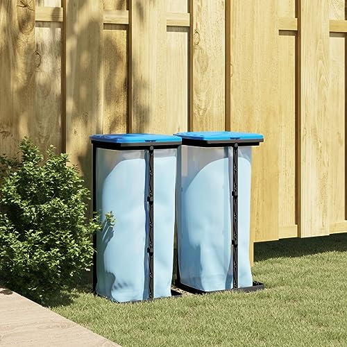 ADWOA Rubbish Bag Holders 2 pcs Black and Blue 60 L PP,Sack Holder Black Lid Adjustable Refuse Bag Stands Foldable Camping Bin