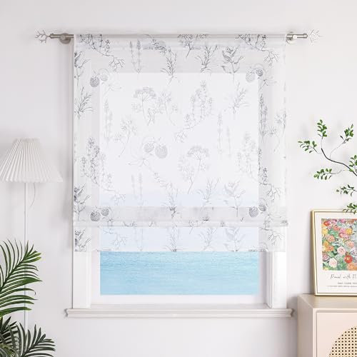 ESLIR Raffrollo mit Tunnelzug Transparente Gardinen Küche Raffgardinen Landhaus Bändchenrollo Weiß Vorhänge Wohnzimmer Grau BxH 120x140cm 1 Stück