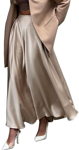 NCXFTP Womens Satin High Waist Elastic Midi Skirt Satin Maxi Skirt Silk Elegant Long Trendy A-Line Midi Skirts, Khaki, S