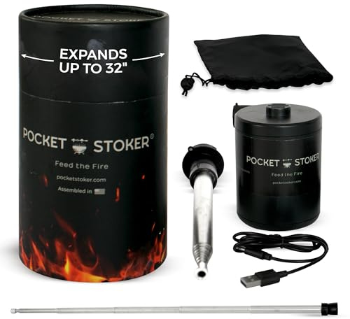 Pocket Stoker Rechargeable Forced Air Pump - 32'' Expandable Air Tube - Portable Fire Blower for Camping, BBQ Smokers, Wood Fireplaces