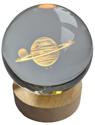 Pfronten Schmuck Hologramm Glaskugel (ca. 8 cm) Planetenring inkl. Holz LED-Untersetzer (ca. 7 cm) 3D Kristallkugel Nachtlicht Stimmungslicht Lampe