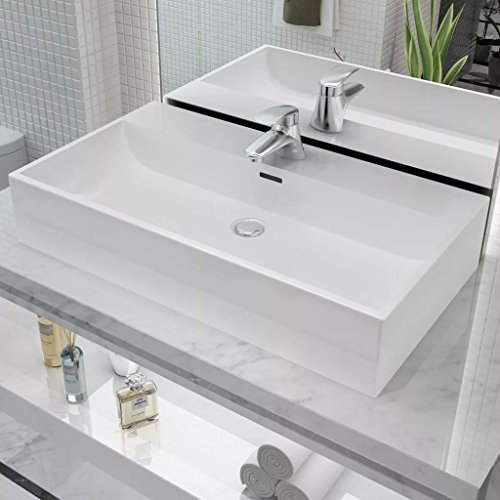 ARKEM Waschbecken mit Hahnloch Keramik Weiß 76x42,5x14,5 cm Waschbecken Aufsatz Einbauwaschbecken