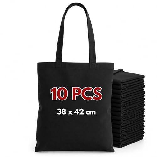 Wonky Line Borse Shopper in Cotone 100% Naturale Riutilizzabili, Borsa Spesa Tela Ecologica con Manici Lunghi 70cm, Sacchetto Stoffa Resistente 38x42cm per Shopping - Nero - 10