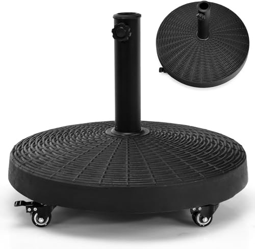 RELAX4LIFE Pied de Parasol à roulettes 23kg en Résine, Base de Parasol Rond | avec Roues Verrouillables, Support Design Rotin avec Tube Inox pour Ø 38/48mm, Stable pour Piscine, Cour