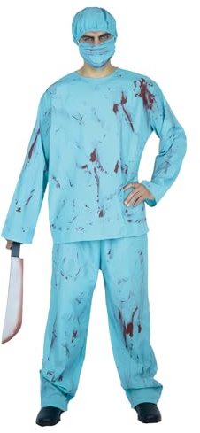 Adult Bloody Surgeon Costume, Halloween Scary Zombie Doctor Outfits with Creepy Machete Prop, Cosplay Party Fancy Dress (Blue-A, Large)