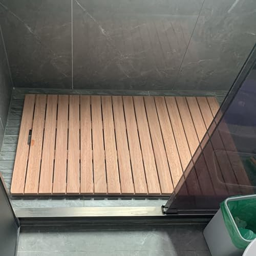 Teak-Duschmatte, 73,7 cm breit, quadratisch, rutschfest, für Innen- und Außendusche, geräumige Badewannen-Plattformmatte für Spa, Sauna, Pool, Whirlpool, 58,4 x 94 cm