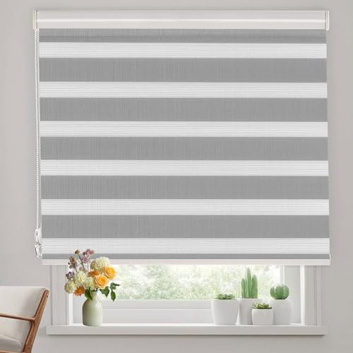 Doppelrollo Klemmfix Verdunkelung 35 x 180 cm Hitzeschutz Energiesparend Fensterrollo Zebrarollo Seitenzugrollo Inkl. Zubehör für Wohnzimmer Küche Büro, Hellgrau