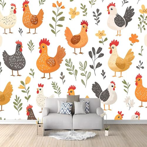 Fotomurales 250 x 175 cm Papel pintado Gallina Y Gallo En Poses tejido no tejido Decoración de Pared decorativos Blanco Murales Diseno Fotográfico Apto para salón y dormitorio