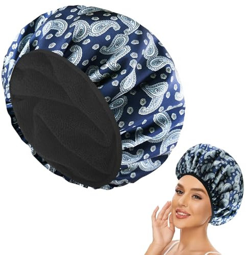 Cuffia Doccia Donna,Cuffia per Capelli in Raso a Triplo Strato,Cuffia Doccia Riutilizzabile,Cuffia Capelli Doccia con Fodera in Microfibra,Cuffie Doccia per Tutte le Lunghezze dei Capelli (Stampa Blu)